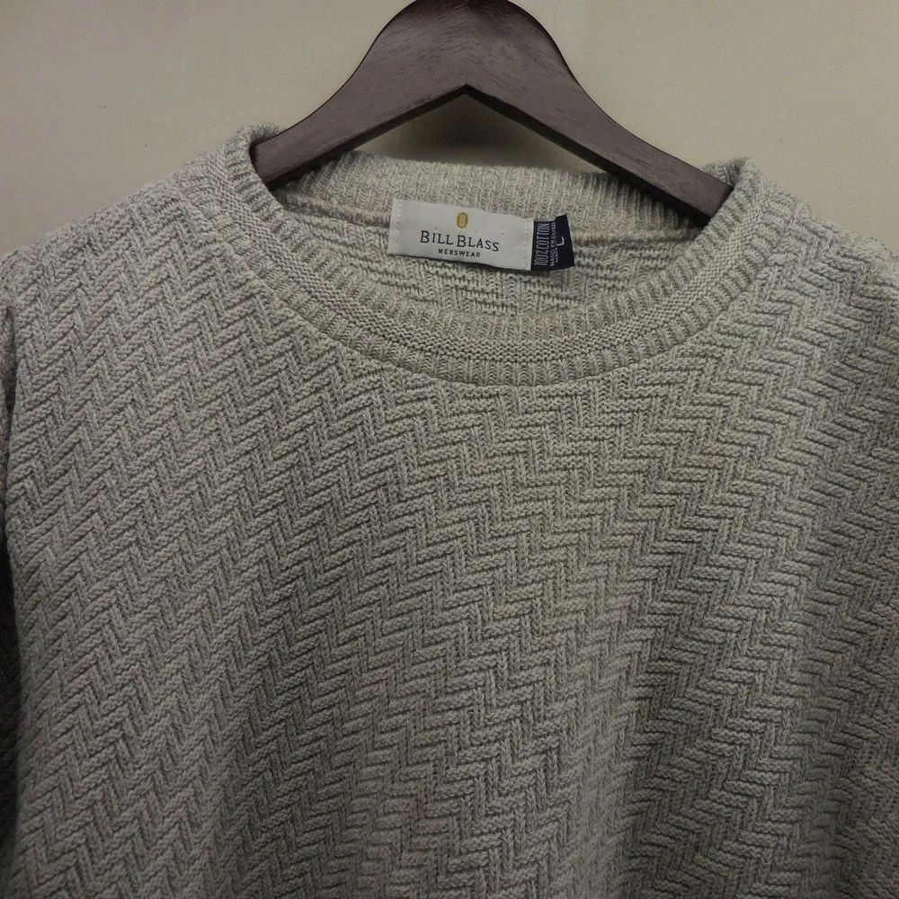 Bill Blass Menswear Gray Chevron Knit Cotton Sweater Mens Large Made in USA